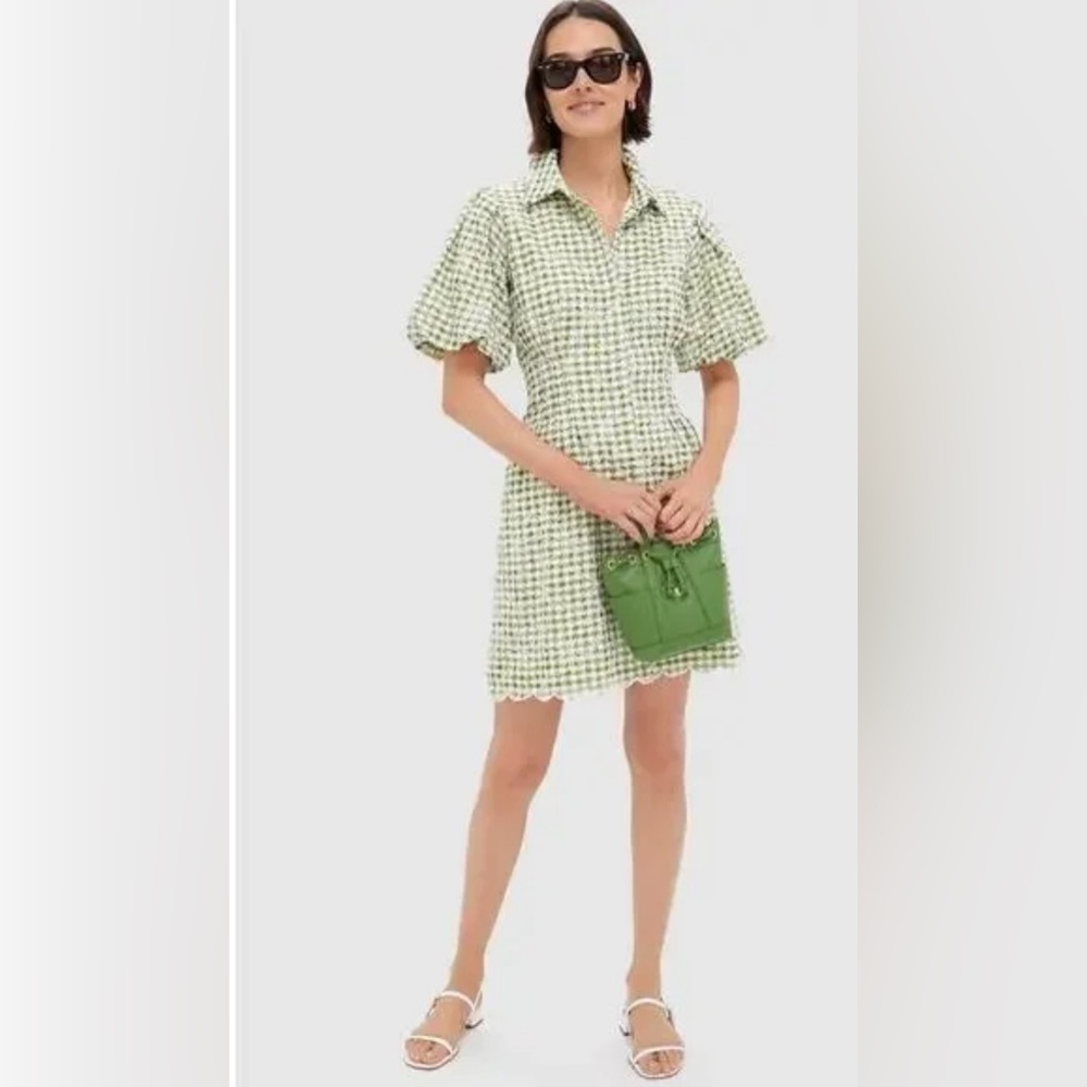 TUCKERNUCK Embroidered Floral Green Gingham Mini Delaney Dress Size XS NWT